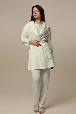 Lace Collar 3-Piece Maternity-Nursing Pajama & Jacquard Robe Set - 24313