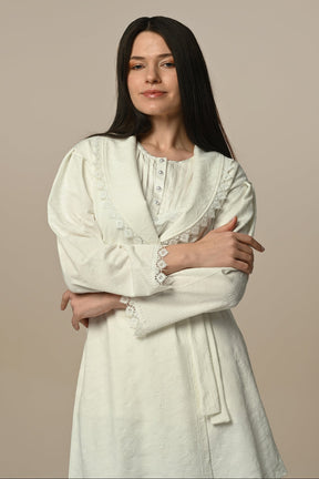 Lace Collar 3-Piece Maternity-Nursing Pajama & Jacquard Robe Set - 24313