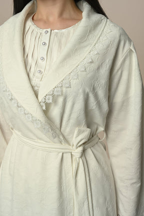 Lace Collar 3-Piece Maternity-Nursing Pajama & Jacquard Robe Set - 24313
