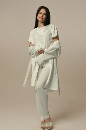 Lace Collar 3-Piece Maternity-Nursing Pajama & Jacquard Robe Set - 24313
