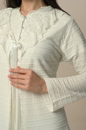 Guipure Collar 3-Piece Maternity-Nursing Pajama & Robe Set - 24316