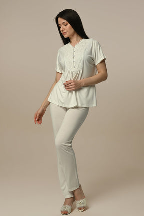 Guipure Collar 3-Piece Maternity-Nursing Pajama & Robe Set - 24316
