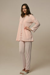 Lace Edge 3-Piece Maternity-Nursing Pajama & Robe Set Ecru - 24319
