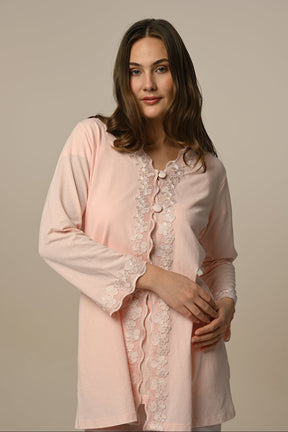 Lace Edge 3-Piece Maternity-Nursing Pajama & Robe Set Ecru - 24319