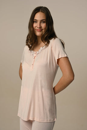 Lace Edge 3-Piece Maternity-Nursing Pajama & Robe Set Ecru - 24319