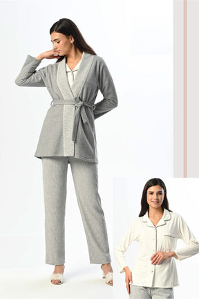 Shirt Collar 3-Piece Maternity-Nursing Pajama & Melange Robe Set - 24335