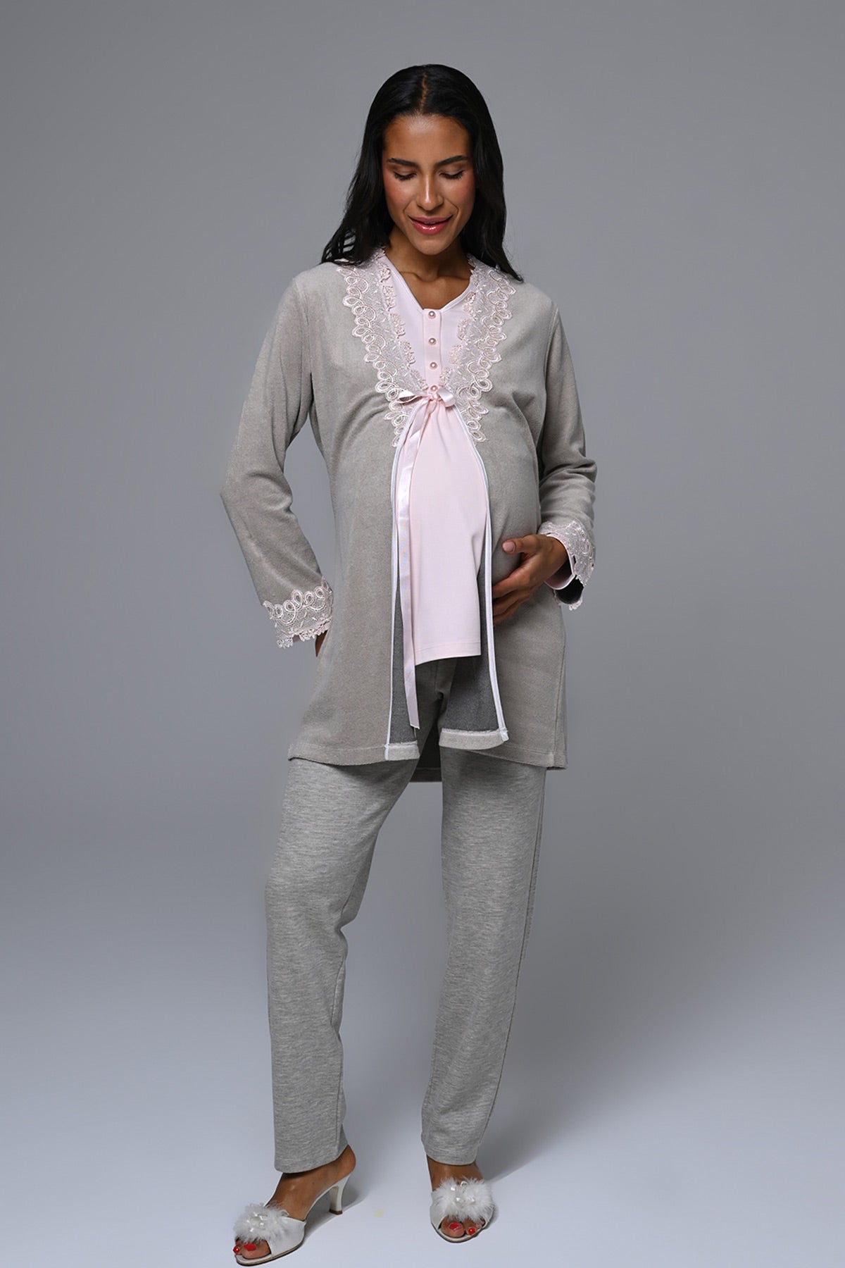 Lacy 3-Piece Maternity-Nursing Pajama & Melange Robe Set Pink - 24336