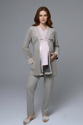 Lacy 3-Piece Maternity-Nursing Pajama & Melange Robe Set Pink - 24336