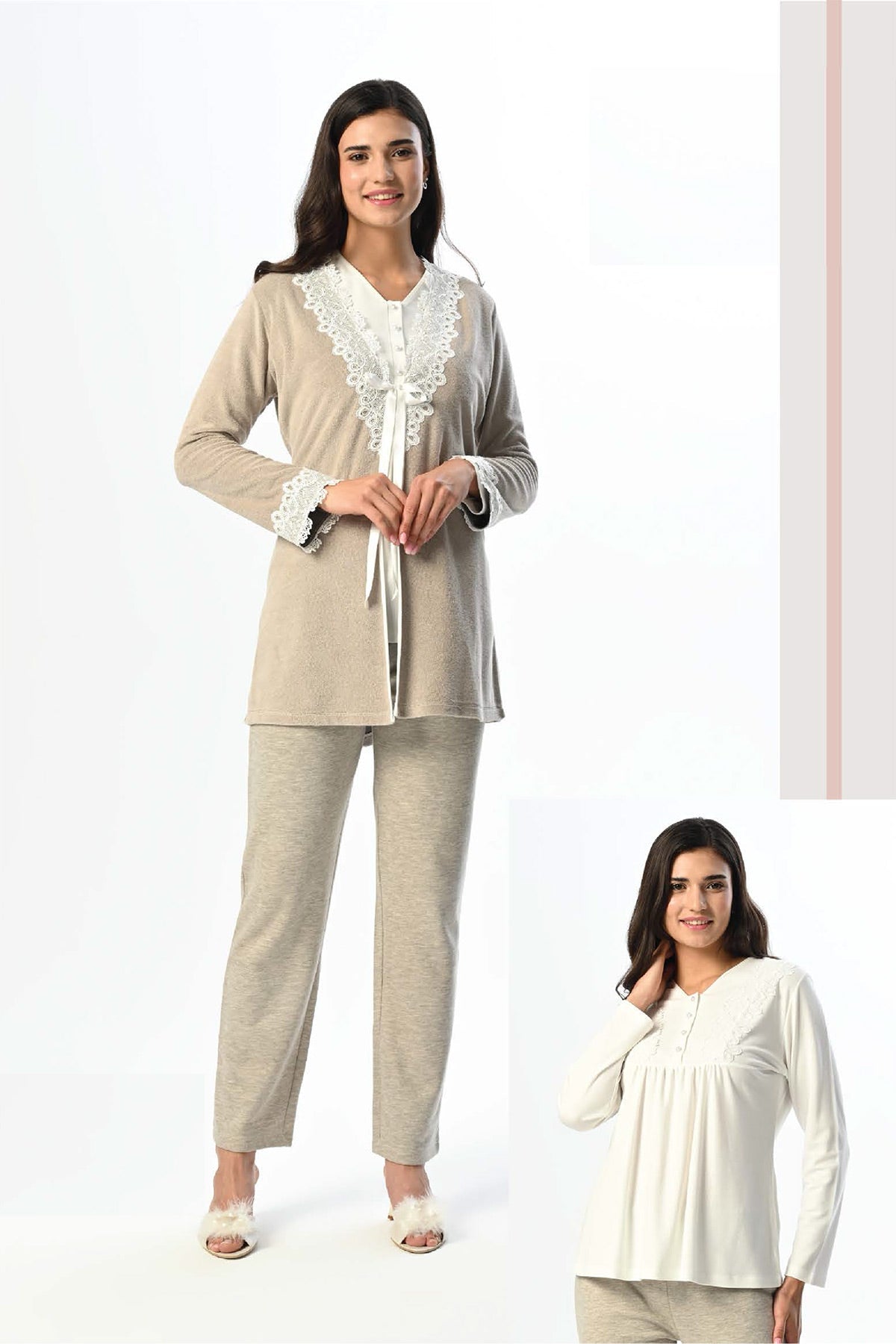 Lacy 3-Piece Maternity Feeding-Friendly Pajama & Melange Robe Set Ecru - N24336