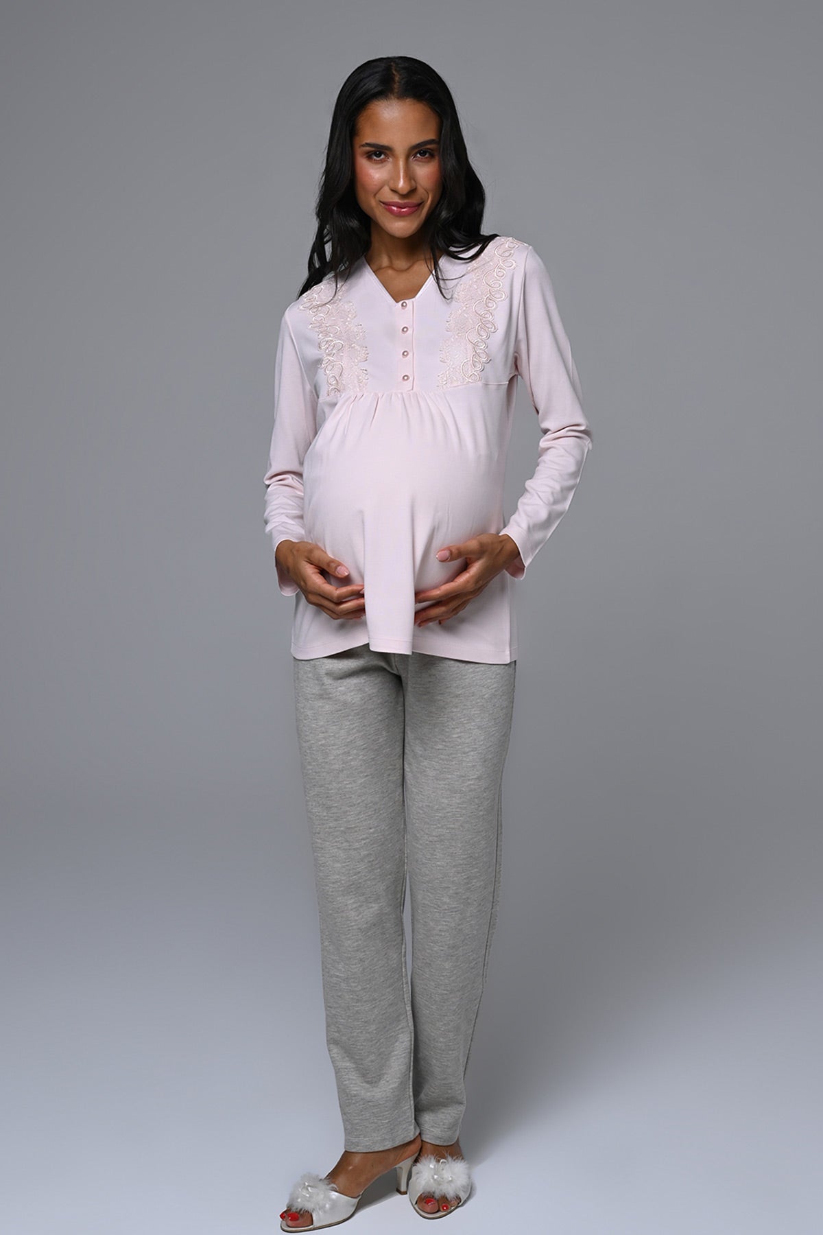 Lacy 3-Piece Maternity-Nursing Pajama & Melange Robe Set Pink - 24336