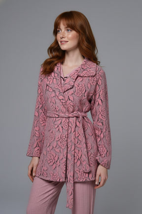 Shirt Collar 3-Piece Maternity-Nursing Pajama & Flowery Robe Set Pink - 24338