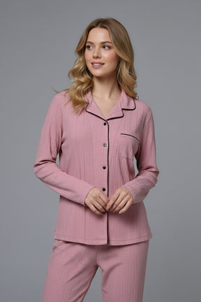 Shirt Collar 3-Piece Maternity-Nursing Pajama & Flowery Robe Set Pink - 24338