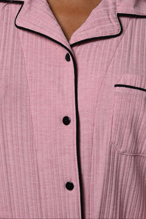 Shirt Collar 3-Piece Maternity-Nursing Pajama & Flowery Robe Set Pink - 24338