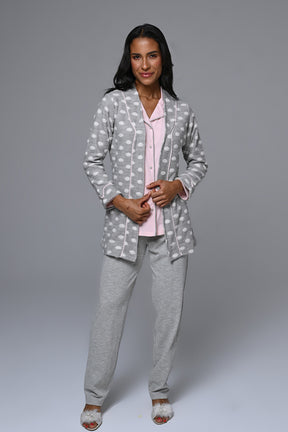 Shirt Collar 3-Piece Maternity-Nursing Pajama & Polka-Dot Robe Set - 24341