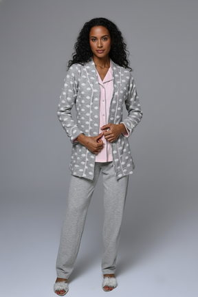 Shirt Collar 3-Piece Maternity-Nursing Pajama & Polka-Dot Robe Set - 24341
