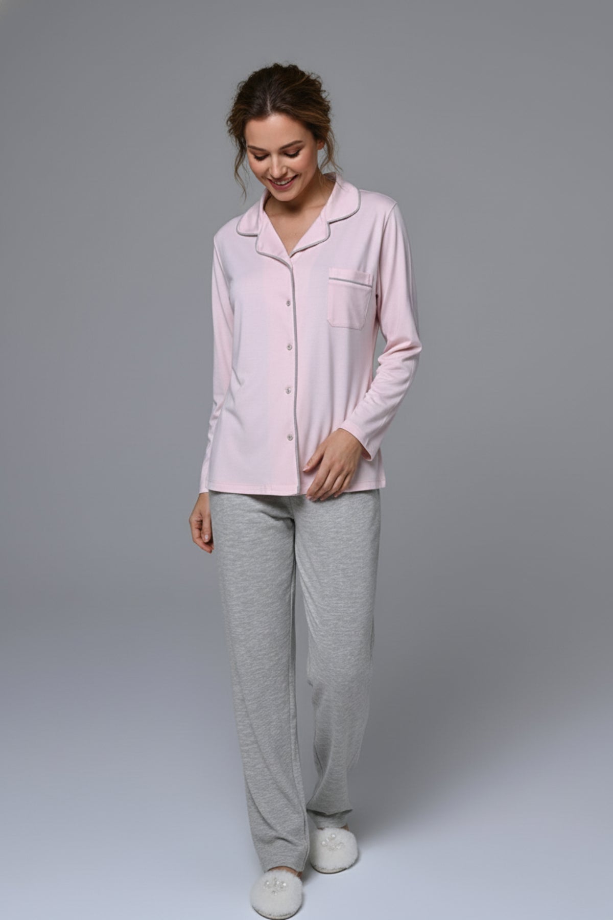 Shirt Collar 3-Piece Maternity-Nursing Pajama & Polka-Dot Robe Set - 24341