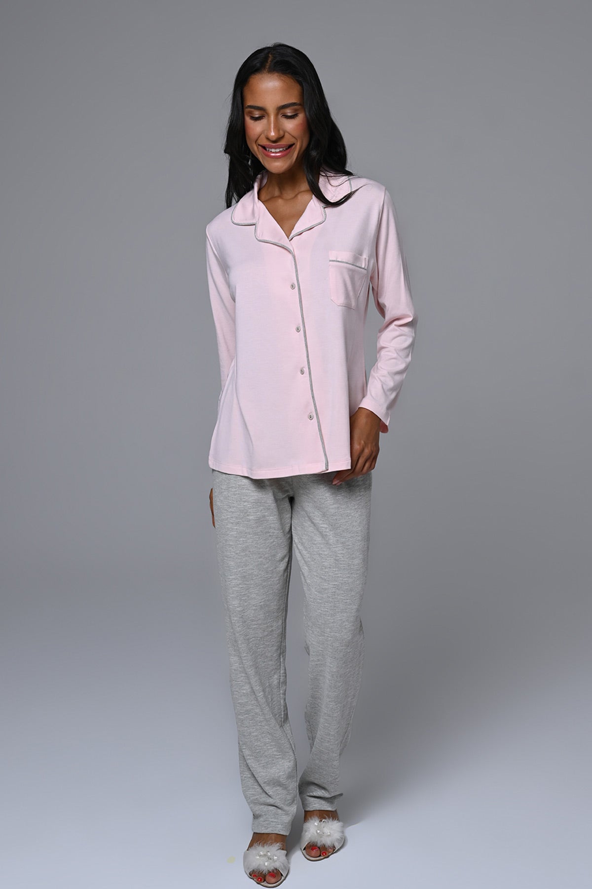 Shirt Collar 3-Piece Maternity-Nursing Pajama & Polka-Dot Robe Set - 24341