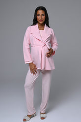 Guipure Collar 3-Piece Maternity-Nursing Pajama & Robe Set Pink - 24342