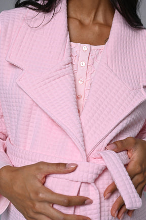 Guipure Collar 3-Piece Maternity-Nursing Pajama & Robe Set Pink - 24342