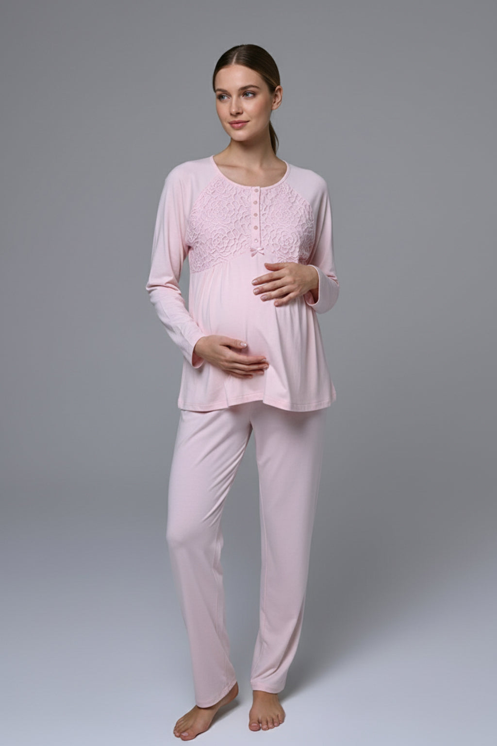 Guipure Collar 3-Piece Maternity-Nursing Pajama & Robe Set Pink - 24342