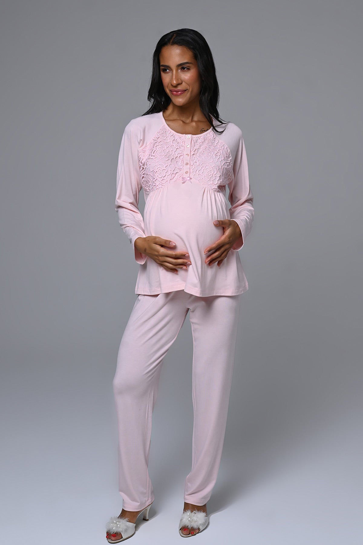 Guipure Collar 3-Piece Maternity-Nursing Pajama & Robe Set Pink - 24342