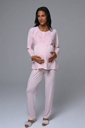 Guipure Collar 3-Piece Maternity-Nursing Pajama & Robe Set Pink - 24342