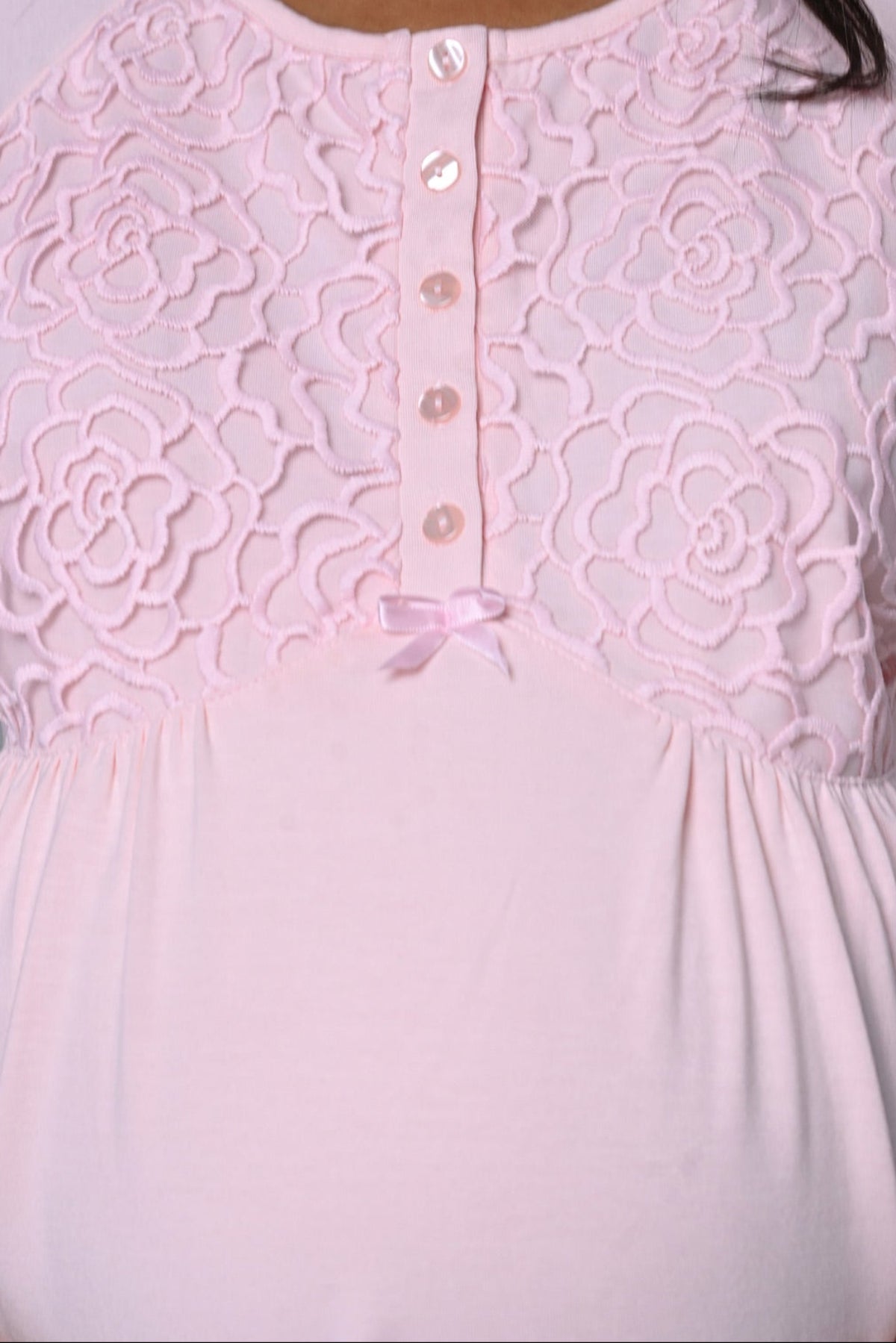 Guipure Collar 3-Piece Maternity-Nursing Pajama & Robe Set Pink - 24342