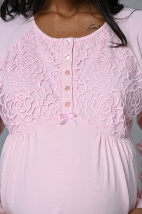 Guipure Collar 3-Piece Maternity-Nursing Pajama & Robe Set Pink - 24342