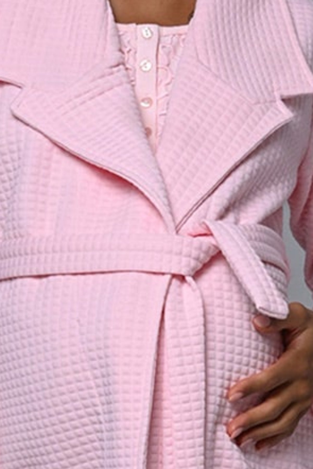 Guipure Collar 3-Piece Maternity-Nursing Pajama & Robe Set Pink - 24342