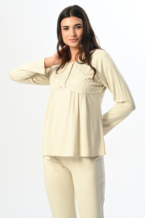 Guipure Collar 3-Piece Maternity-Nursing Pajama & Robe Set - 24342