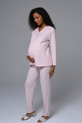Guipure Collar 3-Piece Maternity-Nursing Pajama & Robe Set - 24345