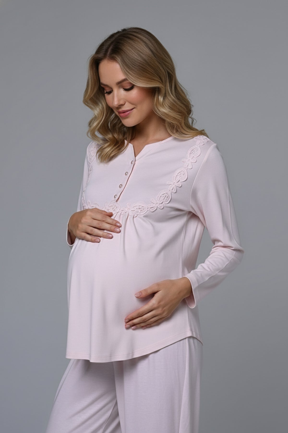 Guipure 3-Piece Maternity-Nursing Pajama & Welsoft Robe Set Pink - 24346