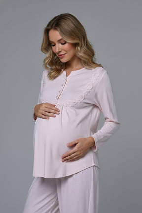 Guipure 3-Piece Maternity-Nursing Pajama & Welsoft Robe Set Pink - 24346