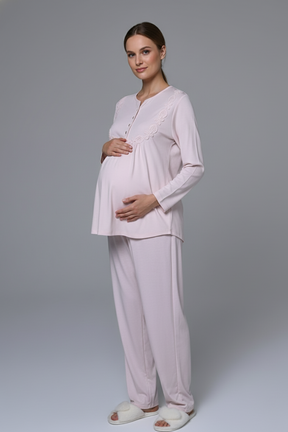 Guipure 3-Piece Maternity-Nursing Pajama & Welsoft Robe Set Pink - 24346