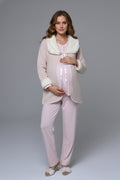 Guipure Collar 3-Piece Maternity-Nursing Pajama & Fur Collar Robe Set Pink - 24347