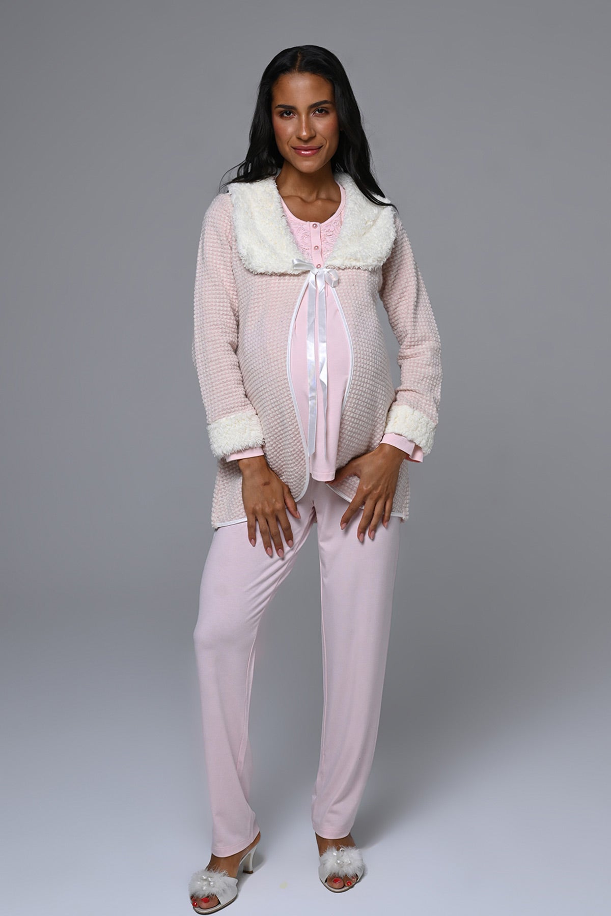 Guipure Collar 3-Piece Maternity-Nursing Pajama & Fur Collar Robe Set Pink - 24347