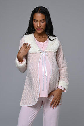Guipure Collar 3-Piece Maternity-Nursing Pajama & Fur Collar Robe Set Pink - 24347
