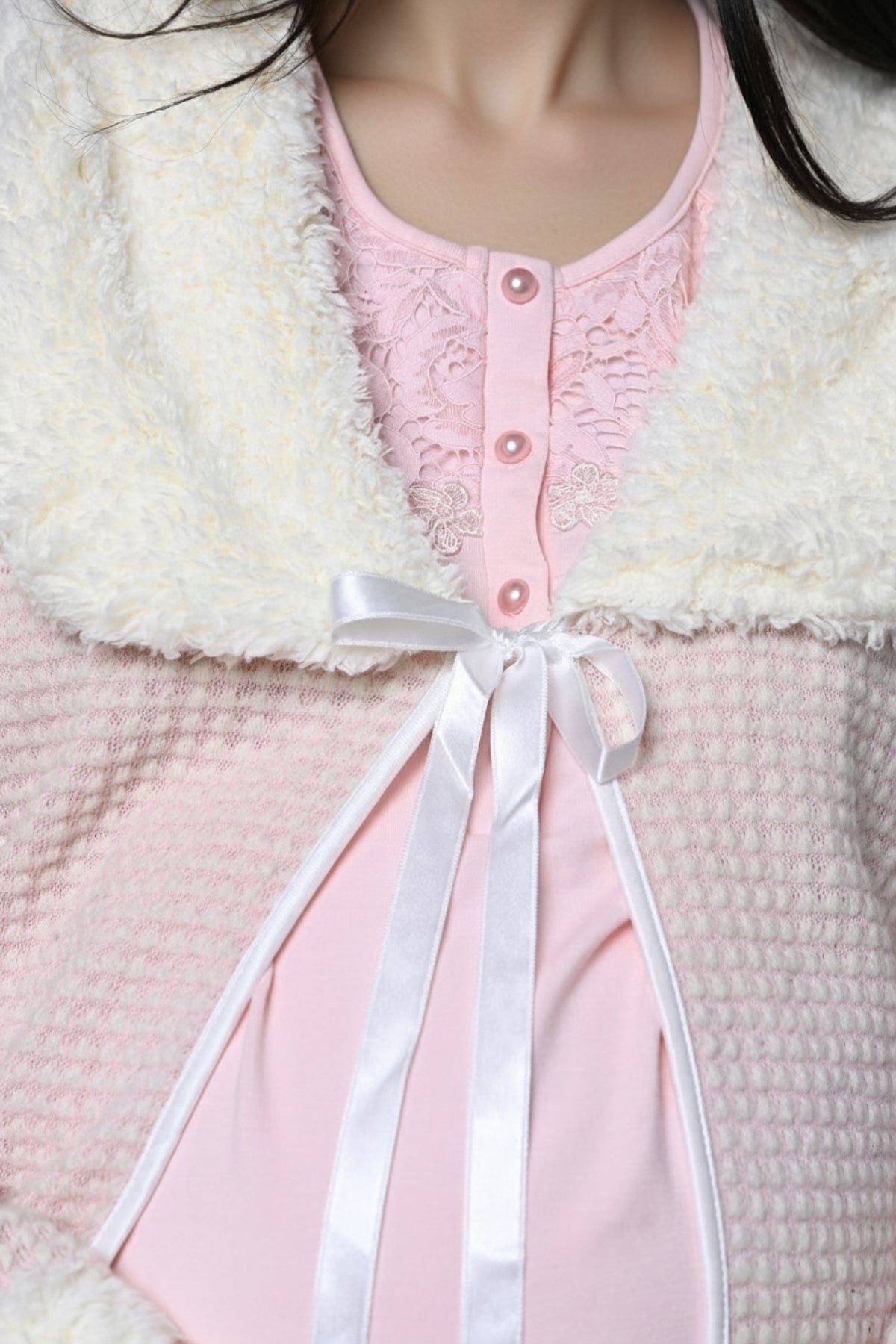 Guipure Collar 3-Piece Maternity-Nursing Pajama & Fur Collar Robe Set Pink - 24347