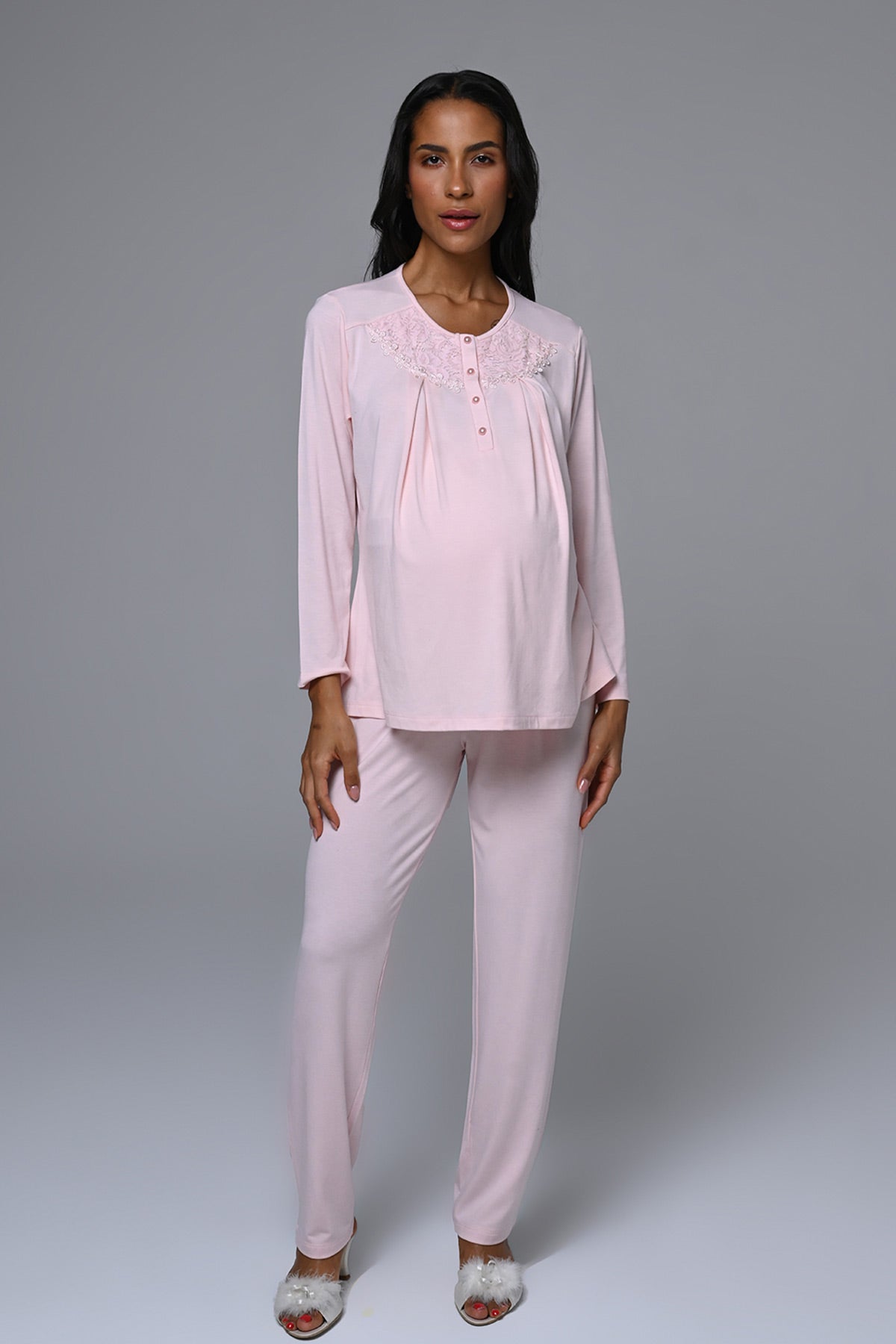 Guipure Collar 3-Piece Maternity-Nursing Pajama & Fur Collar Robe Set Pink - 24347