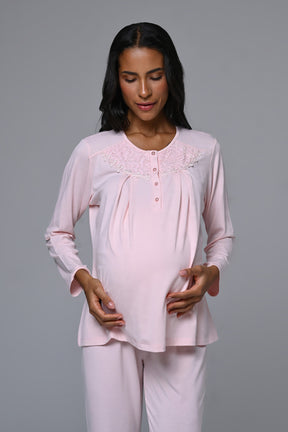 Guipure Collar 3-Piece Maternity-Nursing Pajama & Fur Collar Robe Set Pink - 24347