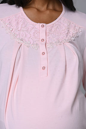 Guipure Collar 3-Piece Maternity-Nursing Pajama & Fur Collar Robe Set Pink - 24347