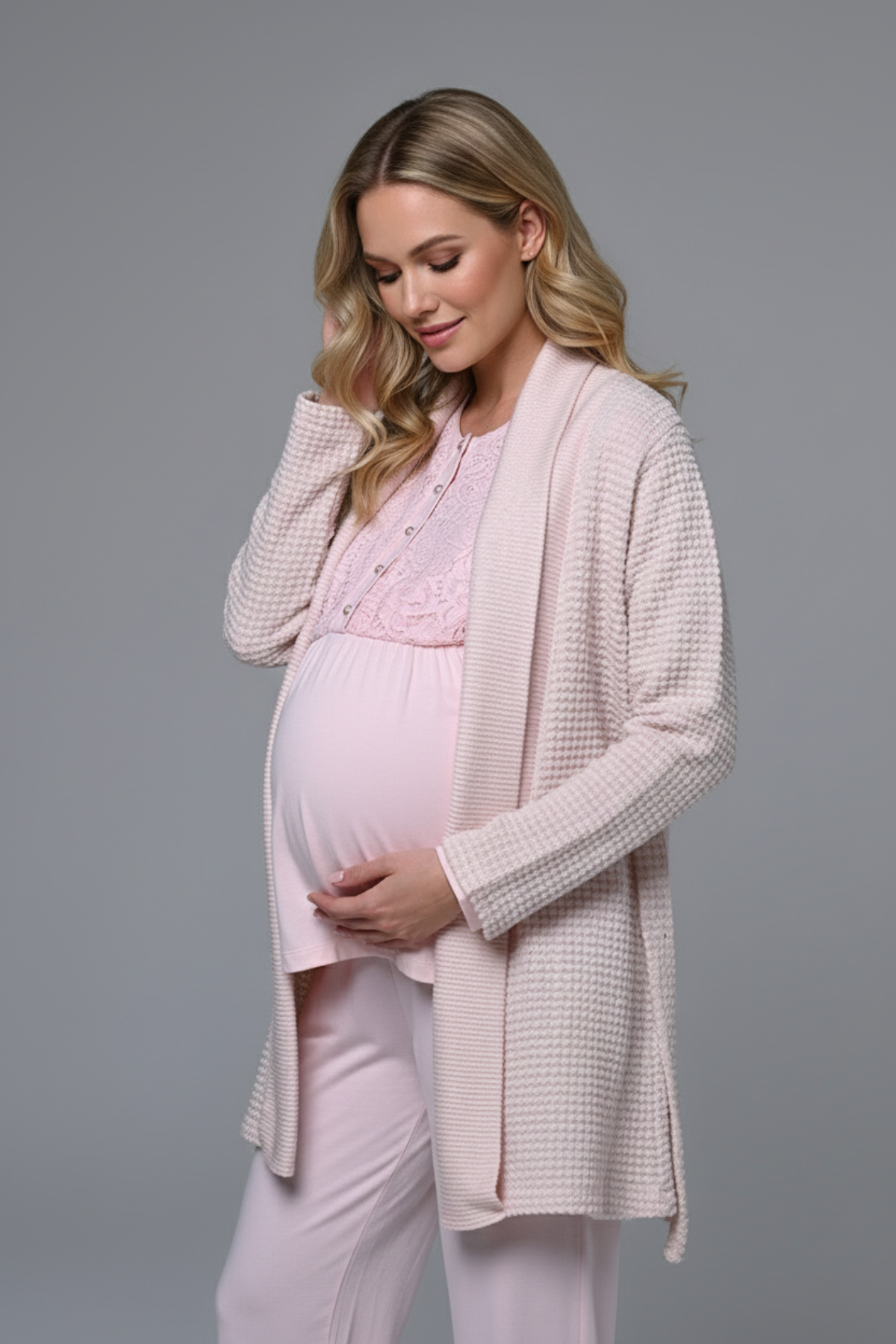 Lace Collar 3-Piece Maternity-Nursing Pajama & Knitwear Robe Set Pink - 24348
