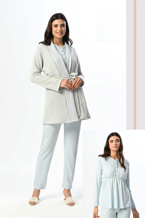 Lace Collar 3-Piece Maternity-Nursing Pajama & Knitwear Robe Set - 24348