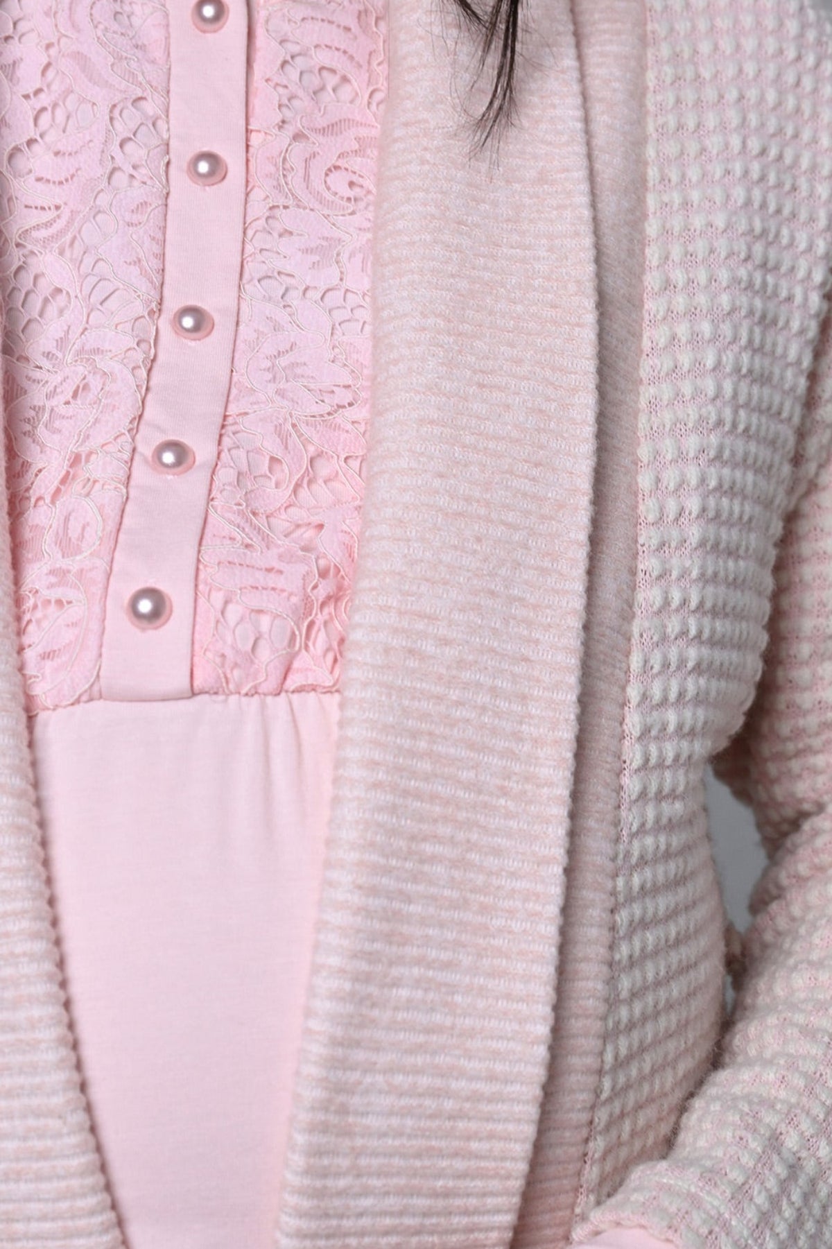 Lace Collar 3-Piece Maternity-Nursing Pajama & Knitwear Robe Set Pink - 24348