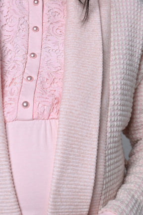 Lace Collar 3-Piece Maternity-Nursing Pajama & Knitwear Robe Set Pink - 24348