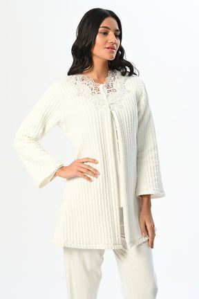 Lace Collar 3-Piece Maternity-Nursing Pajama & Ribbed Robe Set - 24349