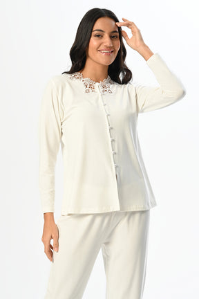 Lace Collar 3-Piece Maternity-Nursing Pajama & Ribbed Robe Set - 24349