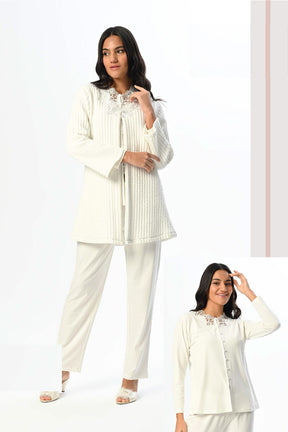 Lace Collar 3-Piece Maternity-Nursing Pajama & Ribbed Robe Set - 24349