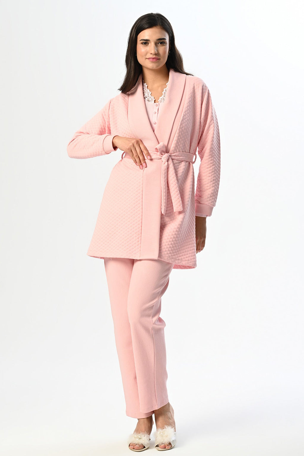 Flower Lace Collar 3-Piece Maternity-Nursing Pajama & Robe Set Pink - 24350