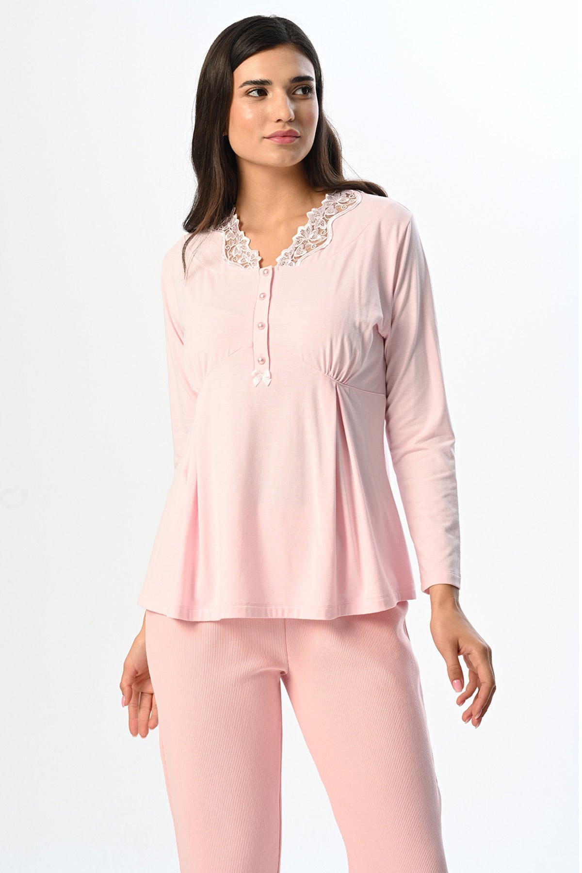 Flower Lace Collar 3-Piece Maternity-Nursing Pajama & Robe Set Pink - 24350